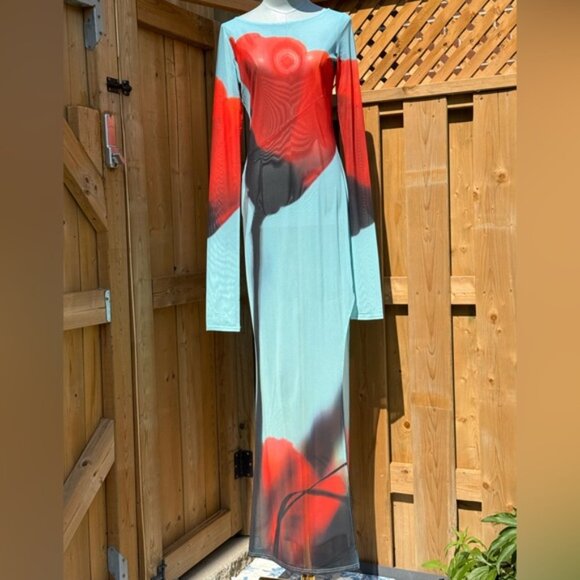 🆕 RAT & BOA 🧿 NWOT Santino Sheer Long Sleeve Dress, Blue with Red Tulip, Sz M - Picture 2 of 16